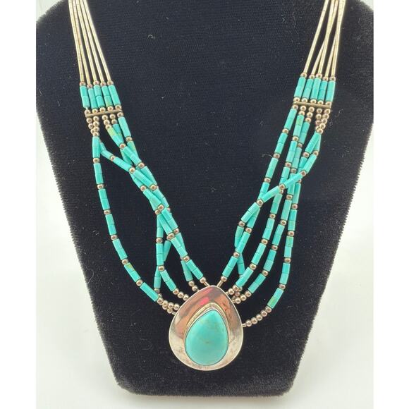 Sterling silver Jewelry - Vintage Liquid Silver Multi Strand Turquoise  Necklace
